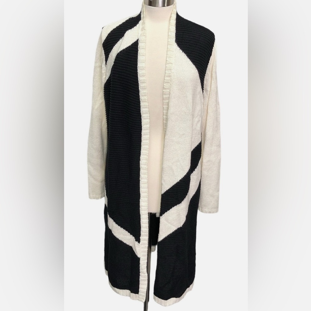 Chicos Blocked Bev Black‎ White Open Front Knit Duster Cardigan Size 1 Medium 10